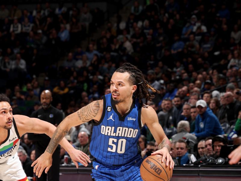 MINNEAPOLIS, MN -  FEBRUARY 3: Cole Anthony #50 of the Orlando Magic drives to the basket against the Minnesota Timberwolves on February 3, 2023 at Target Center in Minneapolis, Minnesota. NOTE TO USER: User expressly acknowledges and agrees that, by downloading and or using this Photograph, user is consenting to the terms and conditions of the Getty Images License Agreement. Mandatory Copyright Notice: Copyright 2023 NBAE (Photo by David Sherman/NBAE via Getty Images)