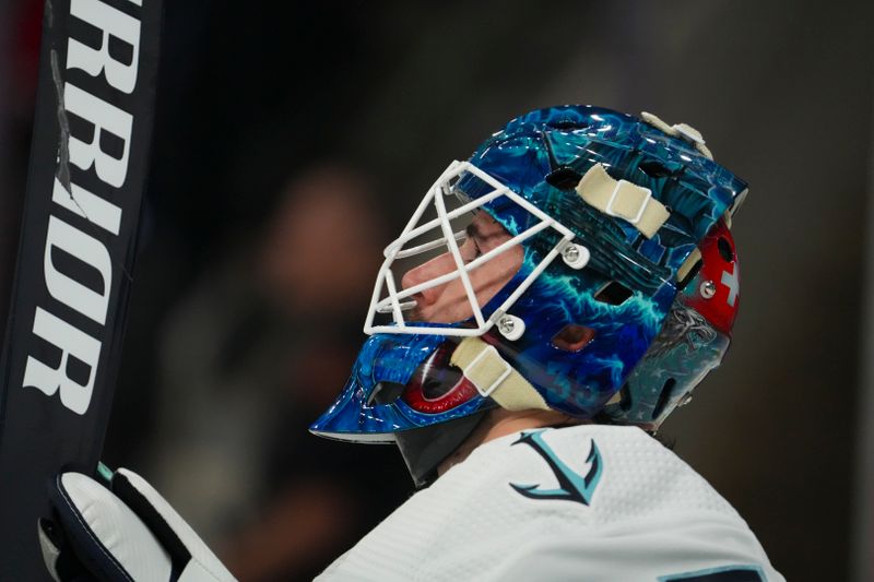 Oct 26, 2023; Raleigh, North Carolina, USA; Seattle Kraken goaltender Joey Daccord (35) looks on against the Carolina Hurricanes during the third period at PNC Arena. Mandatory Credit: James Guillory-USA TODAY Sports