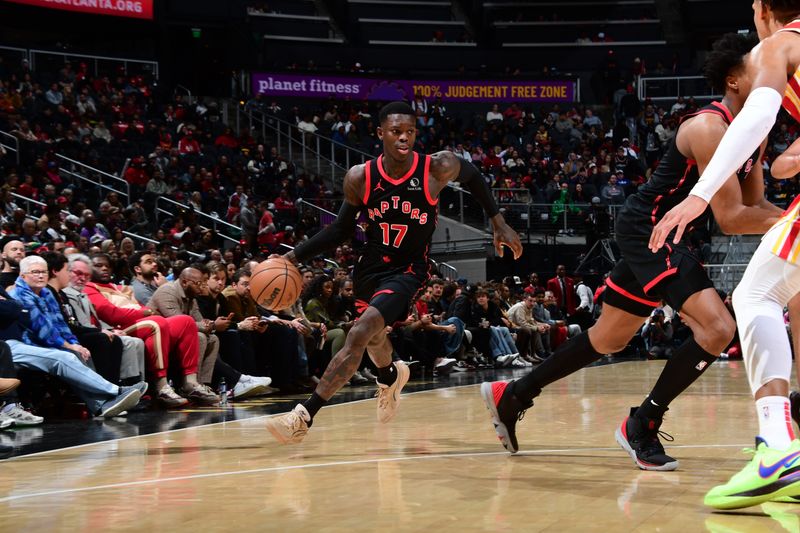 ATLANTA, GA - JANUARY 28: Dennis Schroder #17 of the Toronto Raptors drives to the basket during the game against the Atlanta Hawks on January 28, 2024 at State Farm Arena in Atlanta, Georgia.  NOTE TO USER: User expressly acknowledges and agrees that, by downloading and/or using this Photograph, user is consenting to the terms and conditions of the Getty Images License Agreement. Mandatory Copyright Notice: Copyright 2024 NBAE (Photo by Scott Cunningham/NBAE via Getty Images)