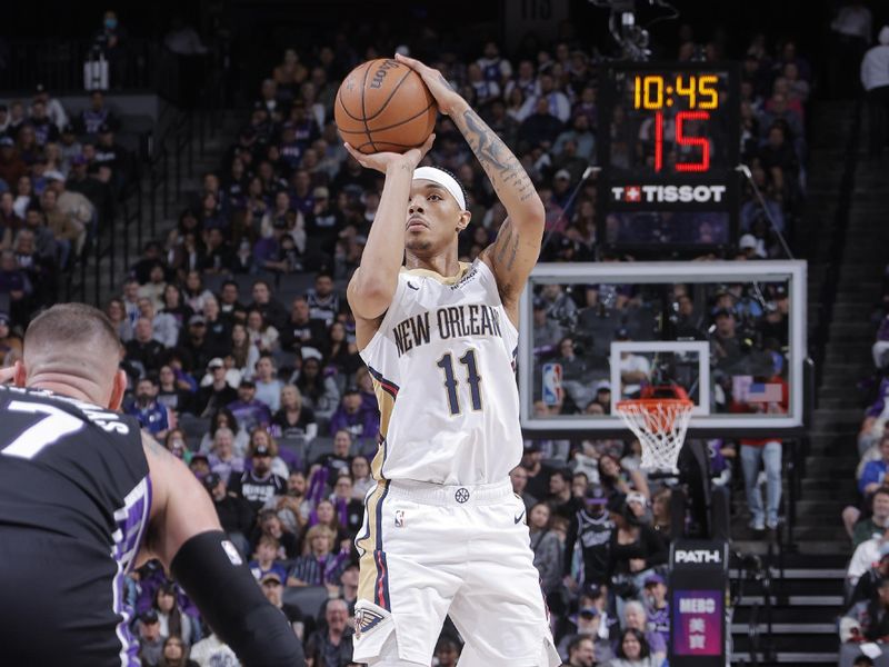 SACRAMENTO, CA - FEBRUARY 8:  Brandon Boston Jr. #11 of the New Orleans Pelicans shoots the ball during the game against the Sacramento Kings on February 8, 2025 at Golden 1 Center in Sacramento, California. NOTE TO USER: User expressly acknowledges and agrees that, by downloading and or using this Photograph, user is consenting to the terms and conditions of the Getty Images License Agreement. Mandatory Copyright Notice: Copyright 2025 NBAE (Photo by Rocky Widner/NBAE via Getty Images)