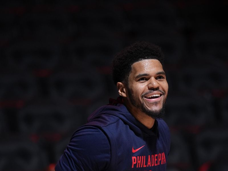 PHILADELPHIA, PA - JANUARY 5: Tobias Harris #12 of the Philadelphia 76ers warms up before the game against the New York Knicks on January 5, 2024 at the Wells Fargo Center in Philadelphia, Pennsylvania NOTE TO USER: User expressly acknowledges and agrees that, by downloading and/or using this Photograph, user is consenting to the terms and conditions of the Getty Images License Agreement. Mandatory Copyright Notice: Copyright 2024 NBAE (Photo by Jesse D. Garrabrant/NBAE via Getty Images)