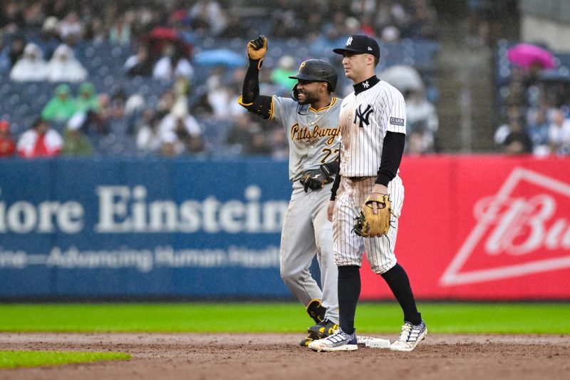 Sep 29, 2024; Bronx, New York, USA; Pittsburgh Pirates outfielder Joshua Palacios (77) reacts after hitting a two RBI double against the New York Yankees during the third inning at Yankee Stadium. Mandatory Credit: John Jones-Imagn Images