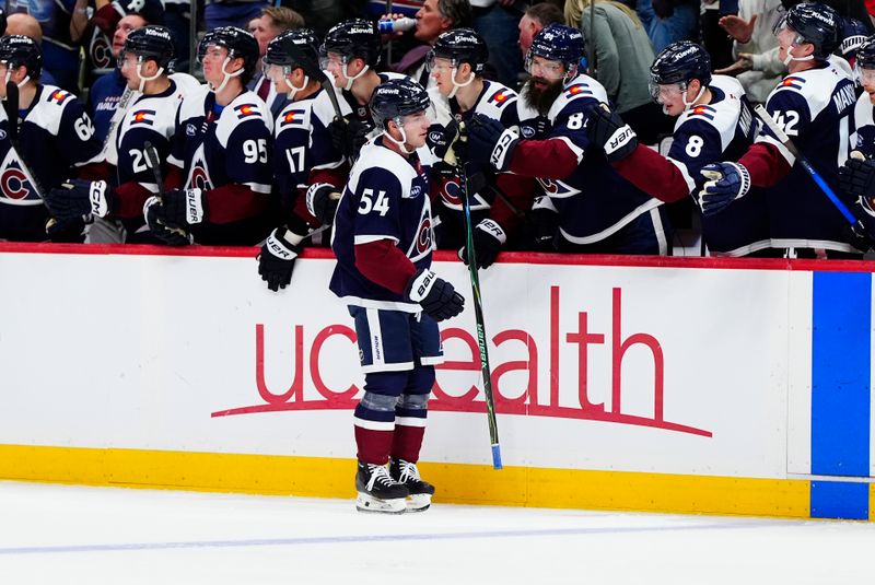 Feb 28, 2026; Denver, Colorado, USA; Colorado Avalanche center Gavin Brindley (54) celebrates his go ahead goal in the third period against the Chicago Blackhawks at Ball Arena. Mandatory Credit: Ron Chenoy-Imagn Images