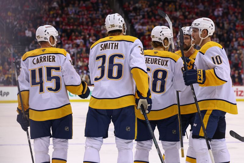 Nov 25, 2024; Newark, New Jersey, USA; Nashville Predators left wing Zachary L'Heureux (68) celebrates his goal against the New Jersey Devils during the third period at Prudential Center. Mandatory Credit: Ed Mulholland-Imagn Images