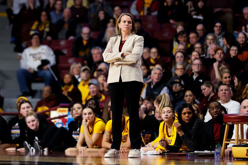 Jan 20, 2024; Minneapolis, Minnesota, USA; Minnesota Golden Gophers head coach Dawn Plitzuweit looks on during the second half against the Michigan State Spartans at Williams Arena. Mandatory Credit: Matt Krohn-USA TODAY Sports