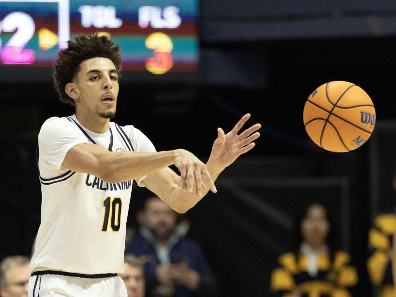 Feb 4, 2026; Berkeley, California, USA; California Golden Bears guard Justin Pippen (10) passes against the Georgia Tech Yellow Jackets during the first half at Haas Pavilion. Mandatory Credit: D. Ross Cameron-Imagn Images