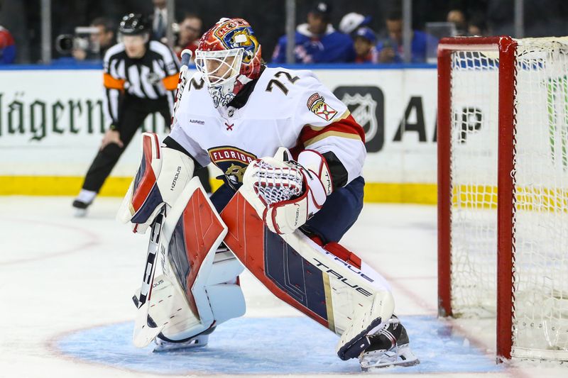 Mar 23, 2024; New York, New York, USA; Florida Panthers goaltender Sergei Bobrovsky (72) defends the net in the second period against the New York Rangers at Madison Square Garden. Mandatory Credit: Wendell Cruz-USA TODAY Sports