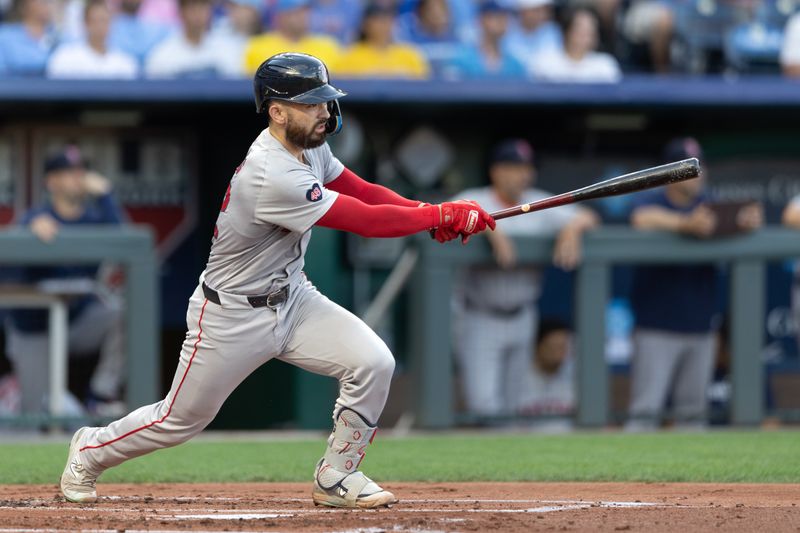 Aug 6, 2024; Kansas City, Missouri, USA;  Boston Red Sox catcher Connor Wong (12) at bat during the second inning against the Kansas City Royals at Kauffman Stadium. Mandatory Credit: William Purnell-USA TODAY Sports