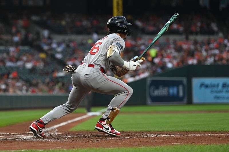 Aug 16, 2024; Baltimore, Maryland, USA;  Boston Red Sox center fielder Jarren Duran (16) swings through a second inning double against the Baltimore Orioles at Oriole Park at Camden Yards. Mandatory Credit: Tommy Gilligan-USA TODAY Sports