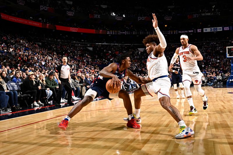 PHILADELPHIA, PA - FEBRUARY 22: Tyrese Maxey #0 of the Philadelphia 76ers dribbles the ball during the game against the New York Knicks on February 22, 2024 at the Wells Fargo Center in Philadelphia, Pennsylvania NOTE TO USER: User expressly acknowledges and agrees that, by downloading and/or using this Photograph, user is consenting to the terms and conditions of the Getty Images License Agreement. Mandatory Copyright Notice: Copyright 2024 NBAE (Photo by David Dow/NBAE via Getty Images)