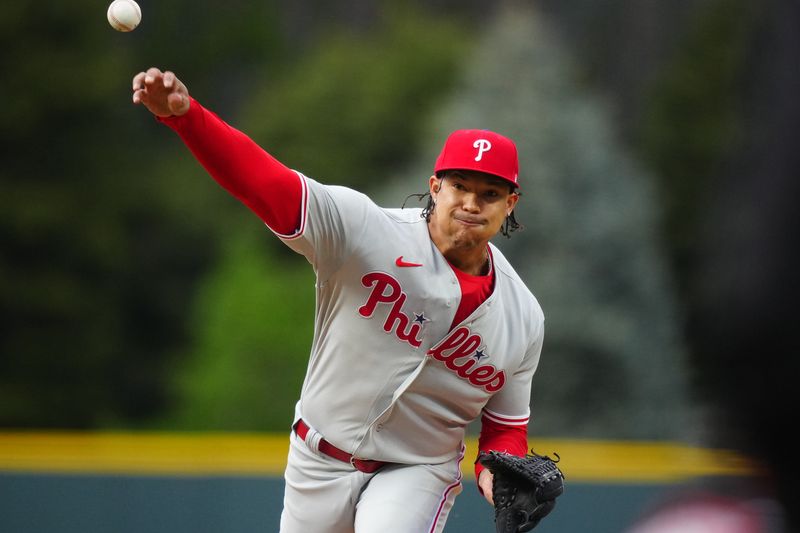 May 12, 2023; Denver, Colorado, USA;  Philadelphia Phillies starting pitcher Taijuan Walker (99) delivers a pitch in the first inning against the Colorado Rockies at Coors Field. Mandatory Credit: Ron Chenoy-USA TODAY Sports