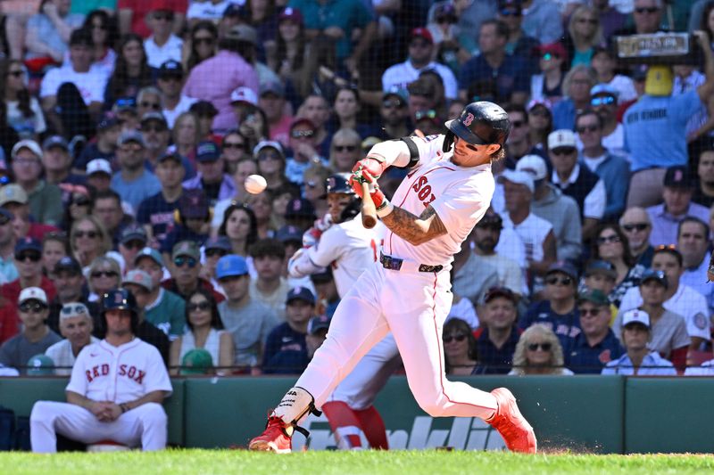 Aug 31, 2025; Boston, Massachusetts, USA; Boston Red Sox left fielder Jarren Duran (16) hits a two run inside the park home run during the fifth inning against the Pittsburgh Pirates at Fenway Park. Mandatory Credit: Eric Canha-Imagn Images