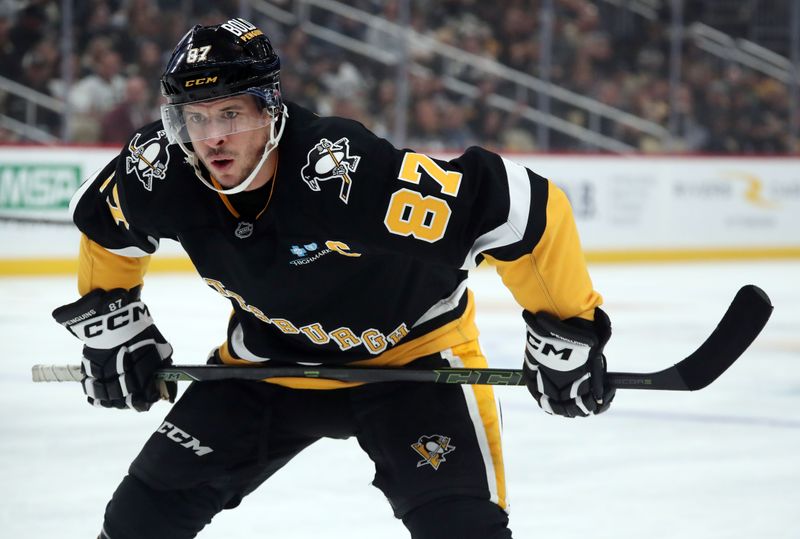 Oct 29, 2024; Pittsburgh, Pennsylvania, USA;  Pittsburgh Penguins center Sidney Crosby (87) prepares to take a face-off against the Minnesota Wild during the first period at PPG Paints Arena. Mandatory Credit: Charles LeClaire-Imagn Images