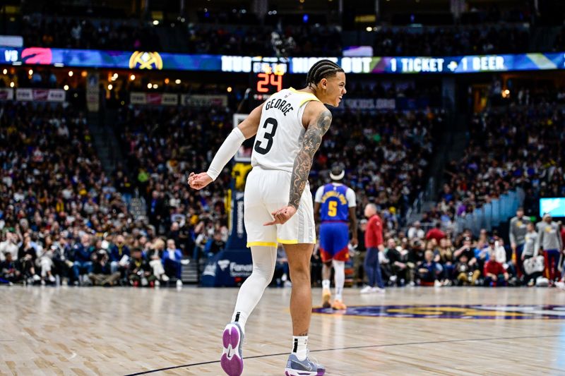 DENVER, COLORADO - MARCH 9: Keyonte George #3 of the Utah Jazz celebrates after scoring in the second half of a game against the Denver Nuggets at Ball Arena on March 9, 2024 in Denver, Colorado. (Photo by Dustin Bradford/Getty Images)