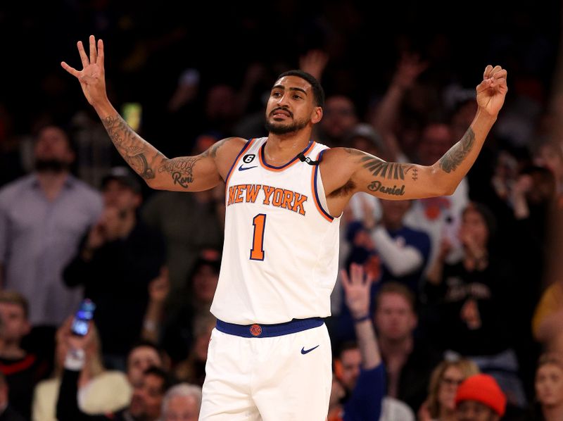 NEW YORK, NEW YORK - MARCH 27: Obi Toppin #1 of the New York Knicks celebrates last in the fourth quarter against the Houston Rockets at Madison Square Garden on March 27, 2023 in New York City. The New York Knicks defeated the Houston Rockets 137-115. NOTE TO USER: User expressly acknowledges and agrees that, by downloading and or using this photograph, User is consenting to the terms and conditions of the Getty Images License Agreement. (Photo by Elsa/Getty Images)