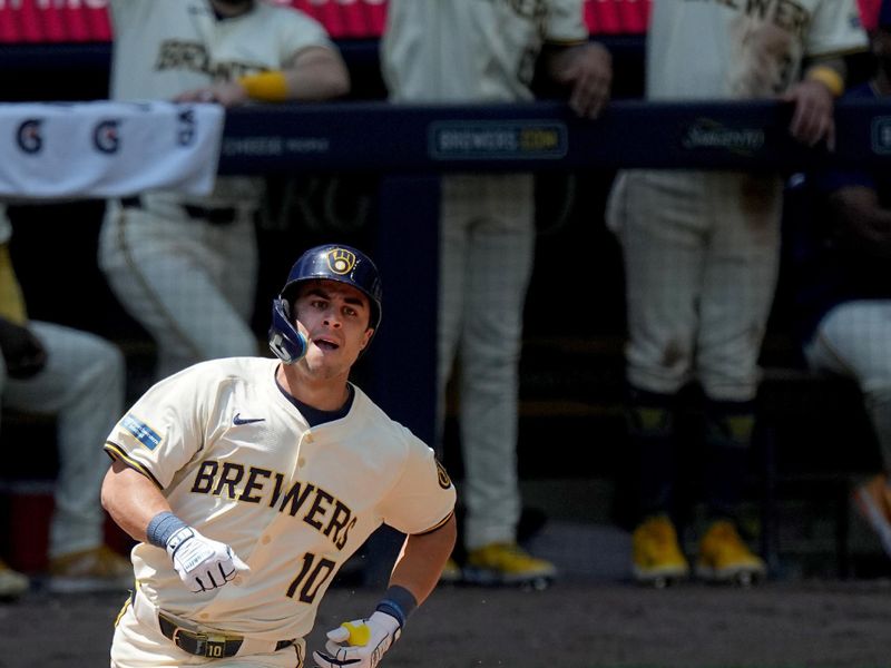 May 15, 2024; Milwaukee, Wisconsin, USA; Milwaukee Brewers outfielder Sal Frelick (10) rounds first after hitting a solo home run during the fourth inning of their game against the Pittsburgh Pirates at American Family Field. Mandatory Credit: Mark Hoffman-USA TODAY Sports