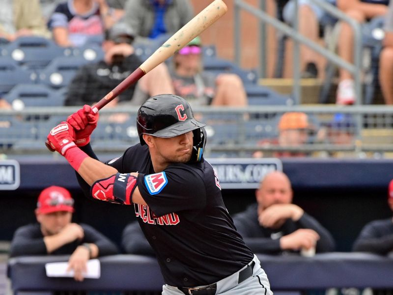 Feb 26, 2024; Peoria, Arizona, USA;  Cleveland Guardians third baseman Tyler Freeman (2) at bat in the first inning against the San Diego Padres during a spring training game at Peoria Sports Complex. Mandatory Credit: Matt Kartozian-USA TODAY Sports