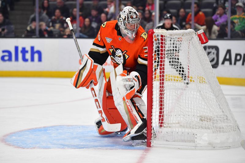 Nov 29, 2024; Anaheim, California, USA; Anaheim Ducks goaltender John Gibson (36) defends the goal against the Los Angeles Kings during the first period at Honda Center. Mandatory Credit: Gary A. Vasquez-Imagn Images