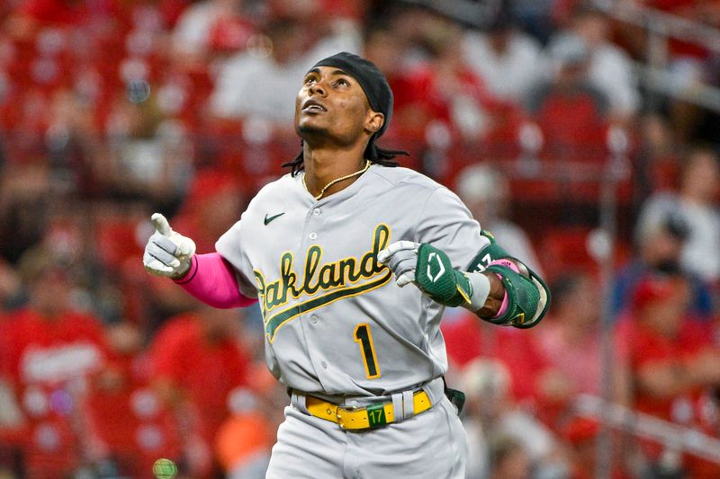 Aug 14, 2023; St. Louis, Missouri, USA;  Oakland Athletics center fielder Esteury Ruiz (1) reacts after hitting a two run home run against the St. Louis Cardinals during the fifth inning at Busch Stadium. Mandatory Credit: Jeff Curry-USA TODAY Sports