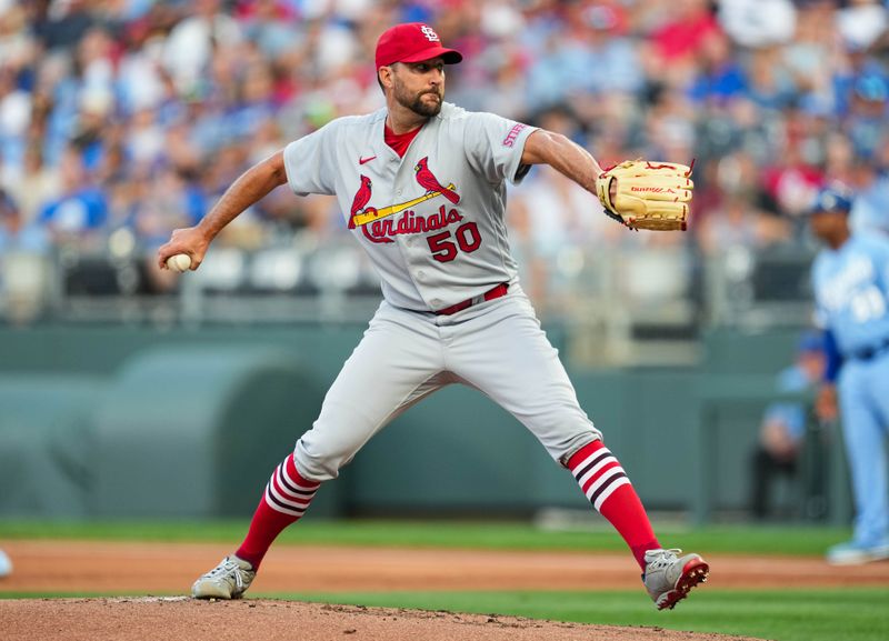 Aug 11, 2023; Kansas City, Missouri, USA; St. Louis Cardinals starting pitcher Adam Wainwright (50) pitches during the first inning against the Kansas City Royals at Kauffman Stadium. Mandatory Credit: Jay Biggerstaff-USA TODAY Sports