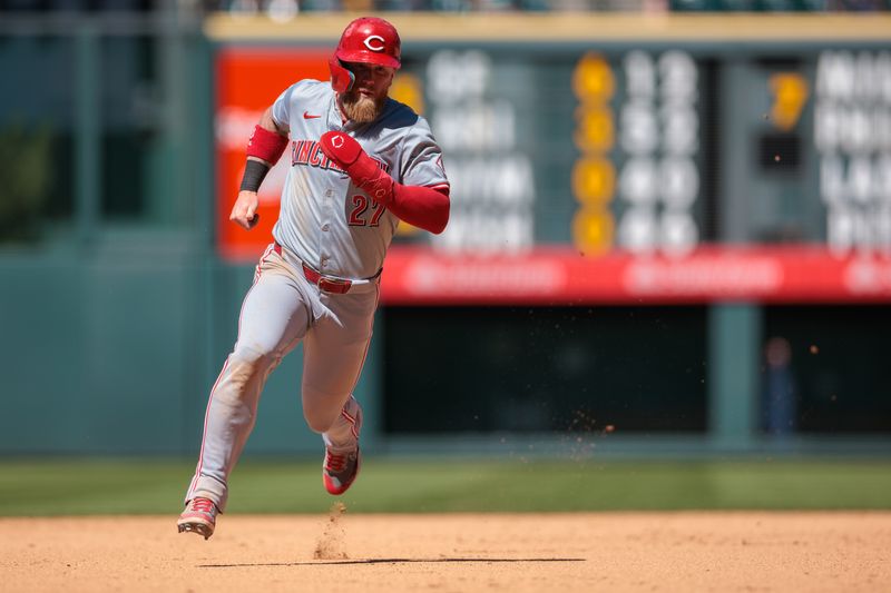 Jun 5, 2024; Denver, Colorado, USA; Cincinnati Reds pitcher Nick Martinez (28) runs to home during the eighth inning against the Colorado Rockies at Coors Field. Mandatory Credit: Andrew Wevers-USA TODAY Sports