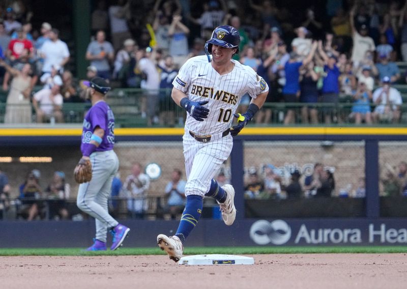 Jun 29, 2025; Milwaukee, Wisconsin, USA; Milwaukee Brewers outfielder Sal Frelick (10) rounds the bases after hitting a home run against the Colorado Rockies in the sixth inning at American Family Field. Mandatory Credit: Michael McLoone-Imagn Images