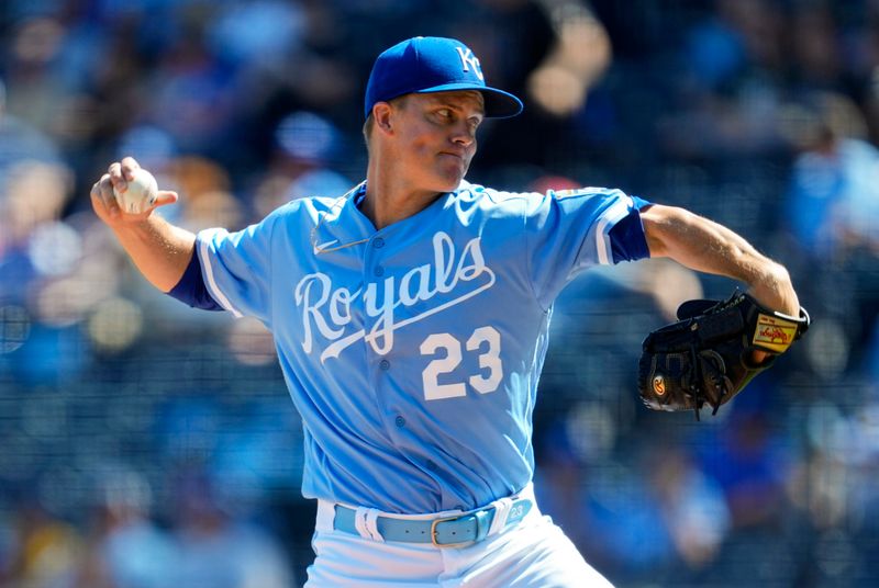 Sep 20, 2023; Kansas City, Missouri, USA; Kansas City Royals starting pitcher Zack Greinke (23) pitches during the first inning against the Cleveland Guardians at Kauffman Stadium. Mandatory Credit: Jay Biggerstaff-USA TODAY Sports