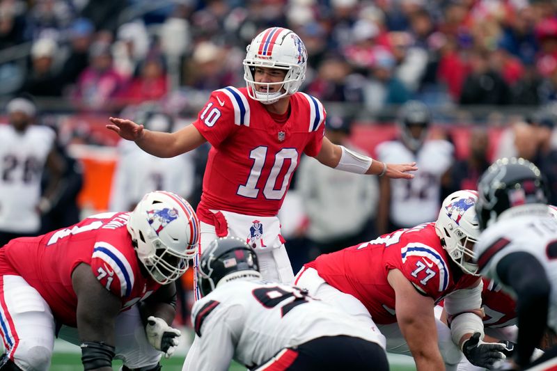 New England Patriots quarterback Drake Maye (10) during the second half of an NFL football game against the Houston Texans, Sunday, Oct. 13, 2024, in Foxborough, Mass. (AP Photo/Charles Krupa)