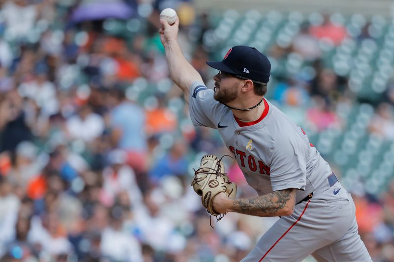 Sep 1, 2024; Detroit, Michigan, USA;  Boston Red Sox pitcher Chase Shugart (61) pitches in the sixth inning against the Detroit Tigers at Comerica Park. Mandatory Credit: Rick Osentoski-USA TODAY Sports