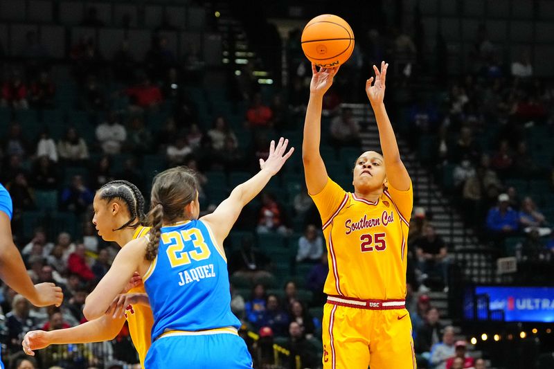 Mar 8, 2024; Las Vegas, NV, USA; USC Trojans guard McKenzie Forbes (25) shoots against UCLA Bruins forward Gabriela Jaquez (23) during the third quarter at MGM Grand Garden Arena. Mandatory Credit: Stephen R. Sylvanie-USA TODAY Sports