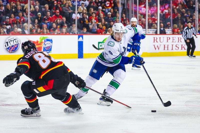 Dec 2, 2023; Calgary, Alberta, CAN; Vancouver Canucks right wing Brock Boeser (6) controls the puck against Calgary Flames defenseman Jordan Oesterle (82) during the first period at Scotiabank Saddledome. Mandatory Credit: Sergei Belski-USA TODAY Sports