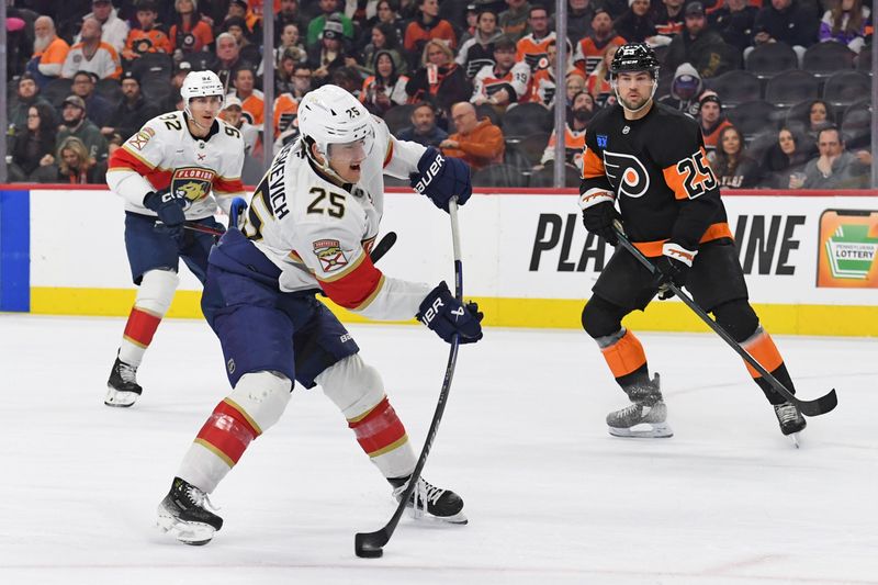 Jan 13, 2025; Philadelphia, Pennsylvania, USA; Florida Panthers right wing Mackie Samoskevich (25) takes a shot on goal against the Philadelphia Flyers during the second period at Wells Fargo Center. Mandatory Credit: Eric Hartline-Imagn Images