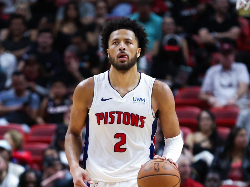 MIAMI, FLORIDA - MARCH 05: Cade Cunningham #2 of the Detroit Pistons dribbles the ball against the Miami Heat during the third quarter of the game at Kaseya Center on March 05, 2024 in Miami, Florida. NOTE TO USER: User expressly acknowledges and agrees that, by downloading and or using this photograph, User is consenting to the terms and conditions of the Getty Images License Agreement. (Photo by Megan Briggs/Getty Images)