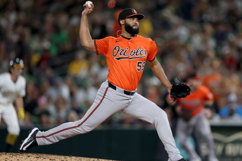 Jun 7, 2025; West Sacramento, California, USA; Baltimore Orioles pitcher Seranthony Dominguez (56) throws a pitch against the Athletics during the sixth inning at Sutter Health Park. Mandatory Credit: Dennis Lee-Imagn Images