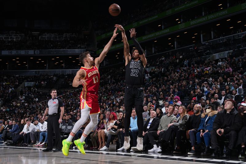 BROOKLYN, NY - FEBRUARY 29: Jalen Wilson #22 of the Brooklyn Nets shoots the ball during the game against the Atlanta Hawks on February 29, 2024 at Barclays Center in Brooklyn, New York. NOTE TO USER: User expressly acknowledges and agrees that, by downloading and or using this Photograph, user is consenting to the terms and conditions of the Getty Images License Agreement. Mandatory Copyright Notice: Copyright 2024 NBAE (Photo by Jesse D. Garrabrant/NBAE via Getty Images)