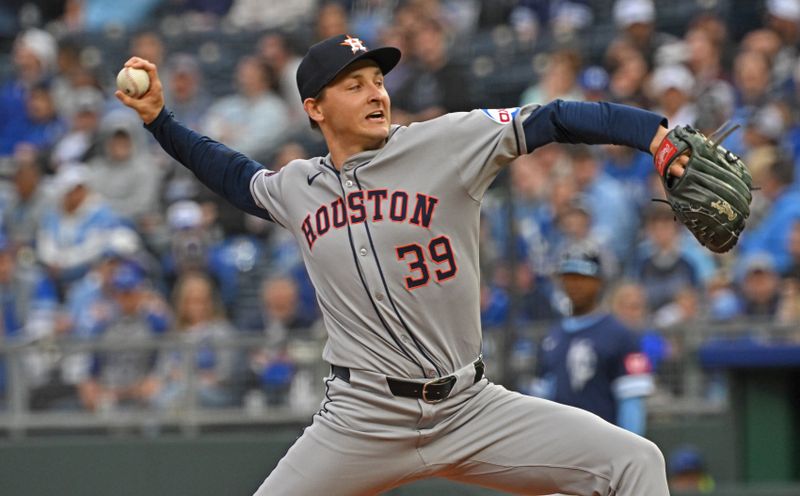Apr 25, 2025; Kansas City, Missouri, USA;  Houston Astros starting pitcher Hayden Wesneski (39) throws a pitch in the first inning against the Kansas City Royals at Kauffman Stadium. Mandatory Credit: Peter Aiken-Imagn Images