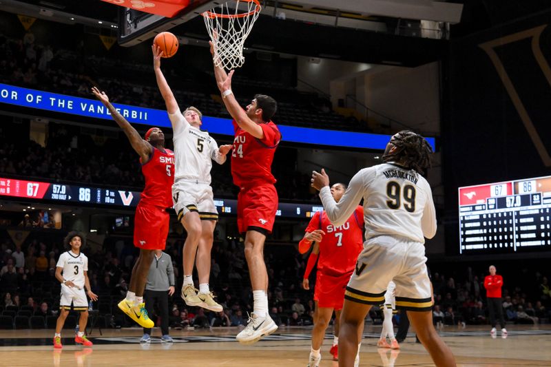 Dec 3, 2025; Nashville, Tennessee, USA;  Vanderbilt Commodores forward Tyler Nickel (5) shoots between Southern Methodist University Mustangs guard Jaron Pierre Jr. (5) and center Samet Yigitoglu (24) during the second half at Memorial Gymnasium. Mandatory Credit: Steve Roberts-Imagn Images