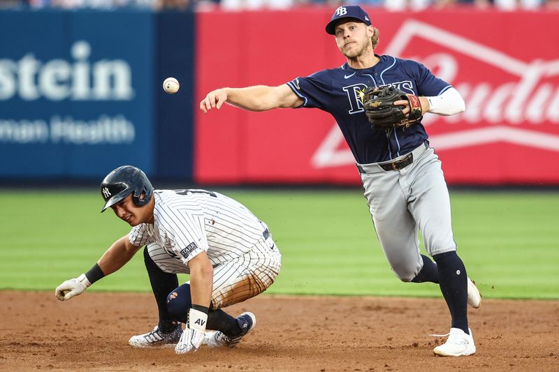 Jul 19, 2024; Bronx, New York, USA; Tampa Bay Rays shortstop Taylor Walls (6) throws past New York Yankees shortstop Anthony Volpe (11) to complete a double play in the second inning at Yankee Stadium. Mandatory Credit: Wendell Cruz-USA TODAY Sports