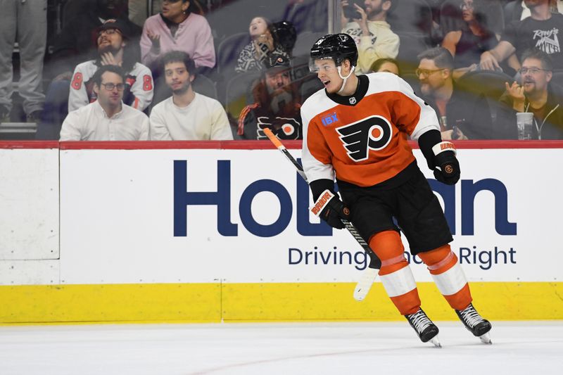 Sep 26, 2024; Philadelphia, Pennsylvania, USA; Philadelphia Flyers right wing Matvei Michkov (39) celebrates his goal against the New York Islanders during the third period at Wells Fargo Center. Mandatory Credit: Eric Hartline-Imagn Images