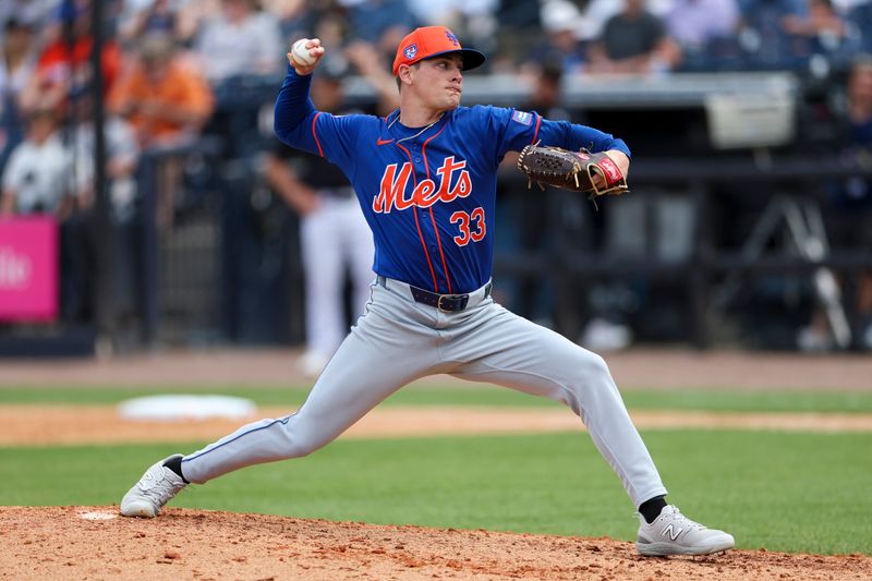 Mar 25, 2024; Tampa, Florida, USA;  New York Mets relief pitcher Drew Smith (33) throws a pitch against the New York Yankees in the seventh inning at George M. Steinbrenner Field. Mandatory Credit: Nathan Ray Seebeck-USA TODAY Sports