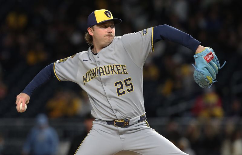 May 23, 2025; Pittsburgh, Pennsylvania, USA;  Milwaukee Brewers relief pitcher Nick Mears (25) pitches against the Pittsburgh Pirates during the eighth inning at PNC Park. Mandatory Credit: Charles LeClaire-Imagn Images