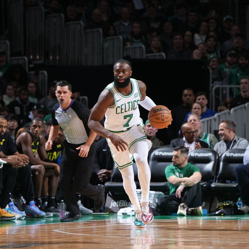 BOSTON, MA - JANUARY 5: Jaylen Brown #7 of the Boston Celtics dribbles the ball during the game against the Utah Jazz on January 5, 2024 at the TD Garden in Boston, Massachusetts. NOTE TO USER: User expressly acknowledges and agrees that, by downloading and or using this photograph, User is consenting to the terms and conditions of the Getty Images License Agreement. Mandatory Copyright Notice: Copyright 2024 NBAE  (Photo by Brian Babineau/NBAE via Getty Images)