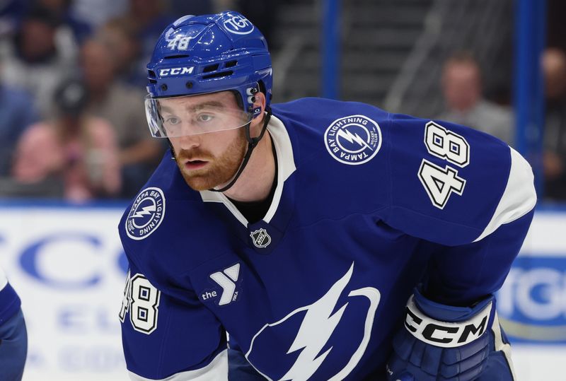 Nov 7, 2024; Tampa, Florida, USA; Tampa Bay Lightning defenseman Nick Perbix (48) looks on against the Philadelphia Flyers during the second period at Amalie Arena. Mandatory Credit: Kim Klement Neitzel-Imagn Images