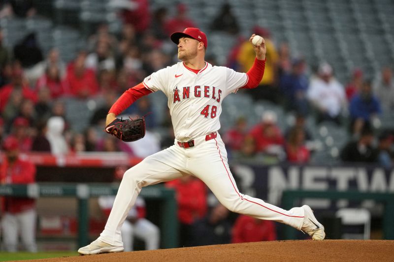Apr 22, 2024; Anaheim, California, USA; Los Angeles Angels pitcher Reid Detmers (48) throws in the first inning against the Baltimore Orioles at Angel Stadium. Mandatory Credit: Kirby Lee-USA TODAY Sports