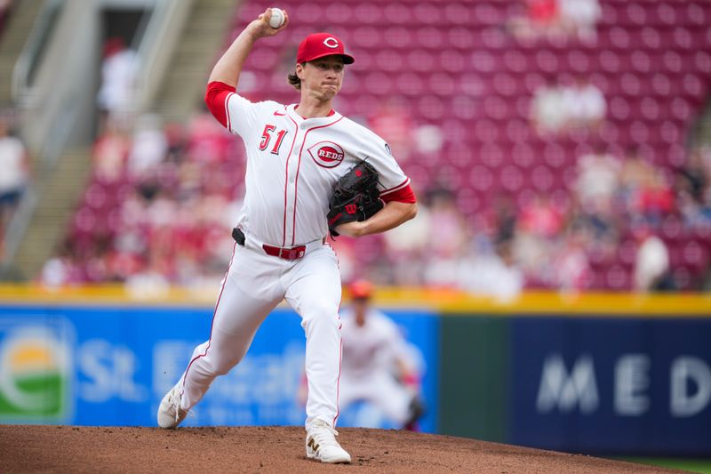 Jun 8, 2025; Cincinnati, Ohio, USA; Cincinnati Reds pitcher Brady Singer (51) throws against the Arizona Diamondbacks in the first inning at Great American Ball Park. Mandatory Credit: Aaron Doster-Imagn Images