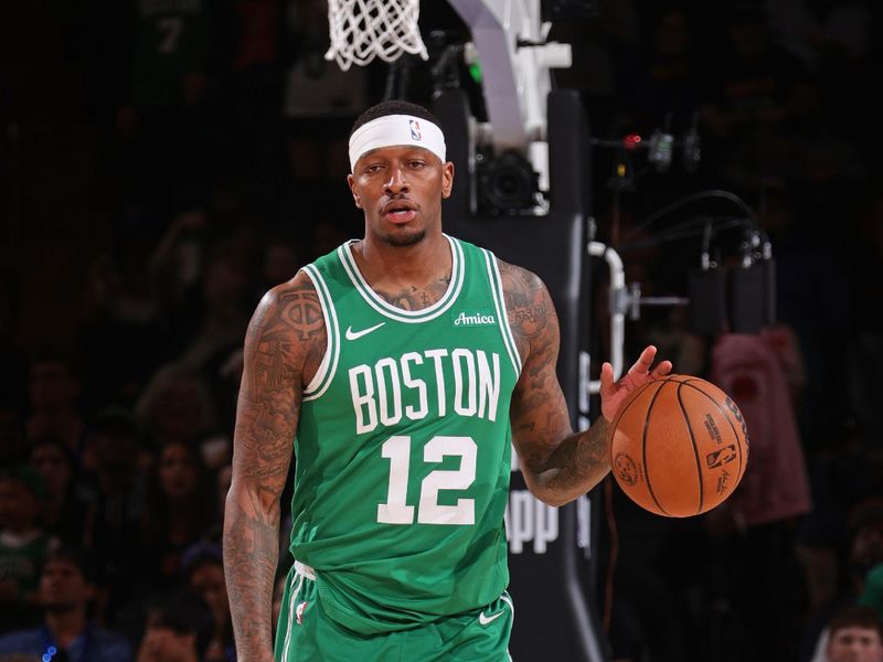 NEW YORK, NY - May 10:    Torrey Craig #12 of the Boston Celtics dribbles the ball during the game against the New York Knicks  during Round 2 Game 3 of the 2025 NBA Playoffs  on May 10, 2025 at Madison Square Garden in New York City, New York.  NOTE TO USER: User expressly acknowledges and agrees that, by downloading and or using this photograph, User is consenting to the terms and conditions of the Getty Images License Agreement. Mandatory Copyright Notice: Copyright 2025 NBAE  (Photo by Nathaniel S. Butler/NBAE via Getty Images)