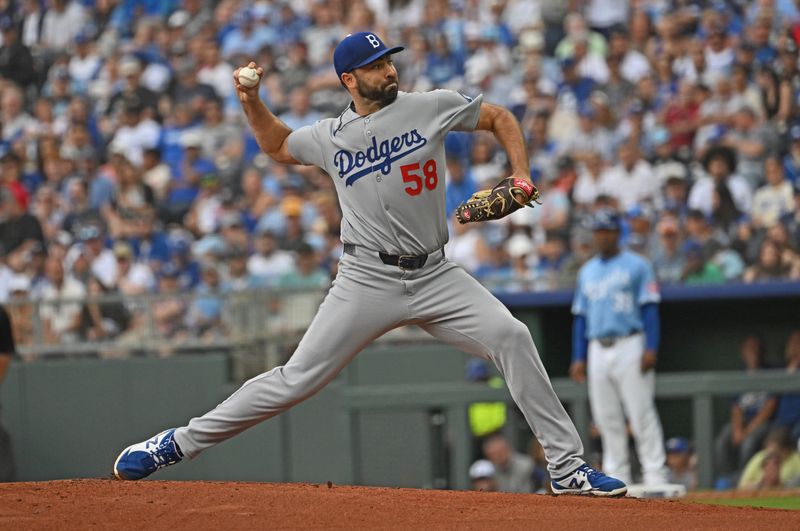 Jun 29, 2025; Kansas City, Missouri, USA;  Los Angeles Dodgers starting pitcher Lou Trivino (58) throws a pitch in the first inning against the Kansas City Royals at Kauffman Stadium. Mandatory Credit: Peter Aiken-Imagn Images