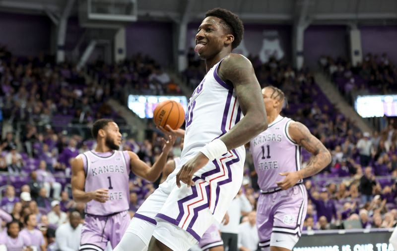 Jan 14, 2023; Fort Worth, Texas, USA;  TCU Horned Frogs guard Damion Baugh (10) reacts after scoring during the first half against the Kansas State Wildcats at Ed and Rae Schollmaier Arena. Mandatory Credit: Kevin Jairaj-USA TODAY Sports