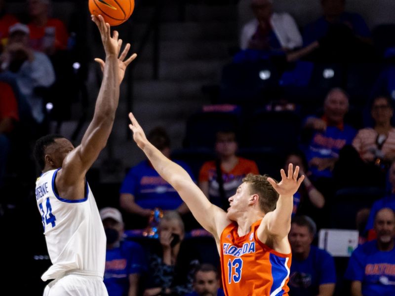 Feb 22, 2023; Gainesville, Florida, USA; Kentucky Wildcats forward Oscar Tshiebwe (34) attempts a shot over Florida Gators forward Aleks Szymczyk (13) during the first half at Exactech Arena at the Stephen C. O'Connell Center. Mandatory Credit: Matt Pendleton-USA TODAY Sports