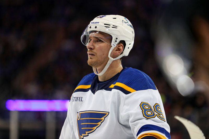 Mar 9, 2024; New York, New York, USA: St. Louis Blues left wing Pavel Buchnevich (89) skates against the New York Rangers during the first period at Madison Square Garden. Mandatory Credit: Danny Wild-USA TODAY Sports